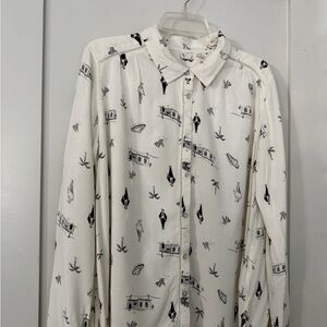 Roxy Women’s RETRO White Button-Up Shirt with Black Print size M Long Sleeve